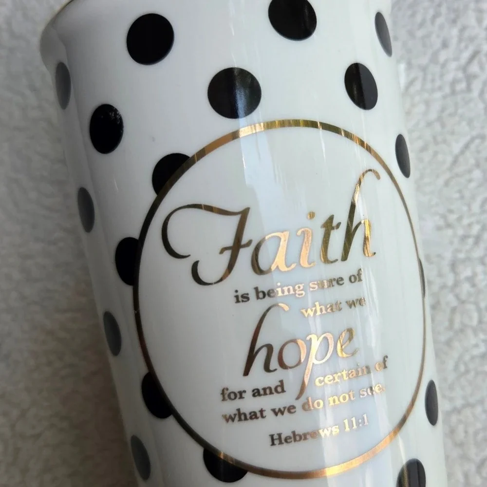 Travel Mug Thermal Ceramic Polk Dot White Black Cylinder Faith Scripture Quote